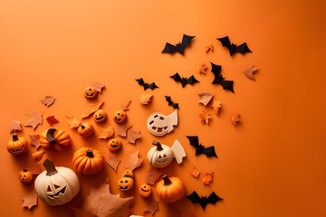 Festive Halloween Delight: Artfully Arranged Decorations on Orange Background in Flat Lay