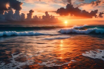 Fototapeta premium a painting of a sunset over the ocean with waves crashing on the shore and clouds in the sky over the ocean and the beach area 3d rendering