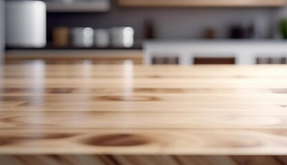 Empty  wooden table on a blurred modern beautiful kitchen background.Space for design,banner for product display or advertise on online. Generative AI