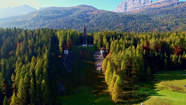 Aerial view of the Ski jumping hill of Cortina d'Ampezzo, Veneto, Italy