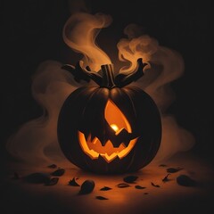 Glowing Scary Pumpkin On A Dark Smoky Background With Smoke Ghost, Halloween Pumpkin Background