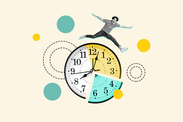 Collage portrait of mini black white effect overjoyed guy jumping above huge watch clock diagram isolated on drawing background