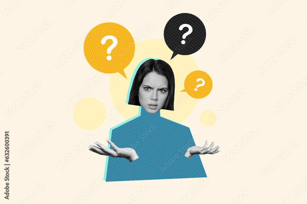 Poster Composite collage image of confused black white effect girl question mark mind bubble isolated on painted background