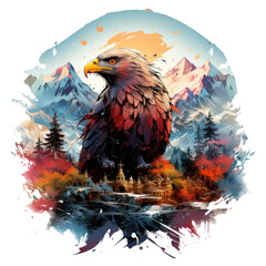 An epic Eagle t-shirt design featuring an eagle in a mythical realm, with floating islands, ancient ruins, Generative Ai