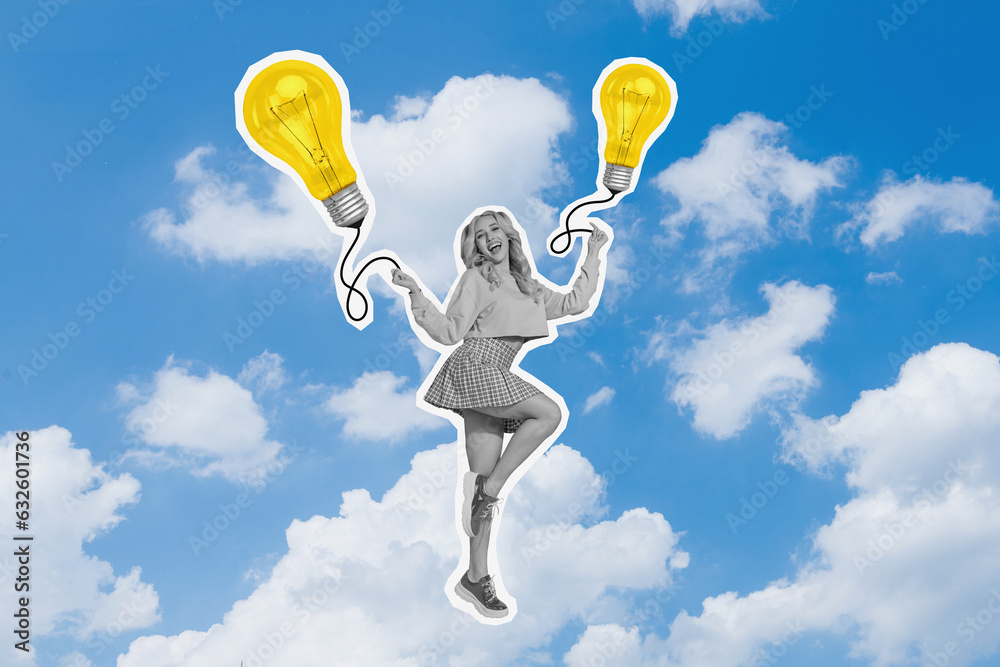 Sticker Photo picture 3d collage of happy charming girl clever student have brilliant idea hold two lamp bulbs isolated on blue sky background