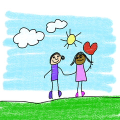 Illustration of a two child holding hand with red heart balloon. drawing cartoon of relationship of children play outdoor in the park mother and daughter.