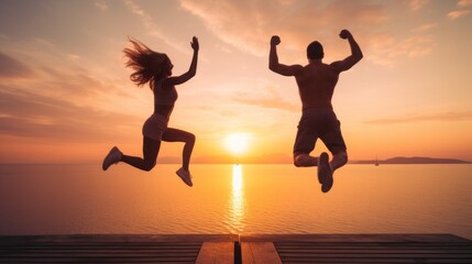Fototapeta na wymiar Fitness couple jumping happy at sunset, high quality, 16:9 copy space