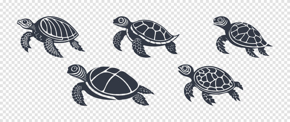 Vector set of simple graphic monochrome turtle icons. Stickers. Reptiles. Isolated background.