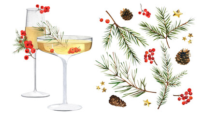New Year's set. Two glasses of champagne on a high stem with berries and a spruce branch as a decoration. Fir branches with cones and berries. Watercolor illustrations on an isolated white background.