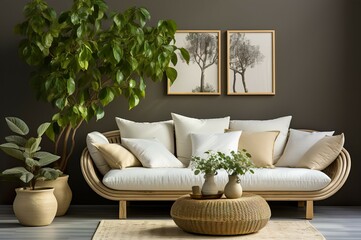 Natural living room interior, tidy storage consisting of potted plants and modern furniture with beautiful natural light.