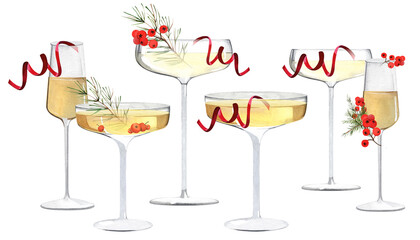 A set of champagne glasses on a high stem with berries and a spruce branch as a decoration. cocktail for the new year. Watercolor illustrations on an isolated white background.