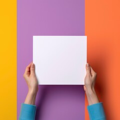 Hands holding an empty white board on a colorful background, for png. Generated by AI