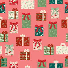 Vector Christmas Seamless Pattern with Decorated Colorful Gift Boxes