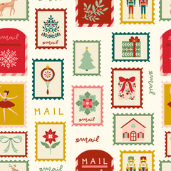 Vector Christmas Seamless Pattern with Mailbox and Stamps