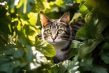 cat hiding in green leaves - Powered by Adobe