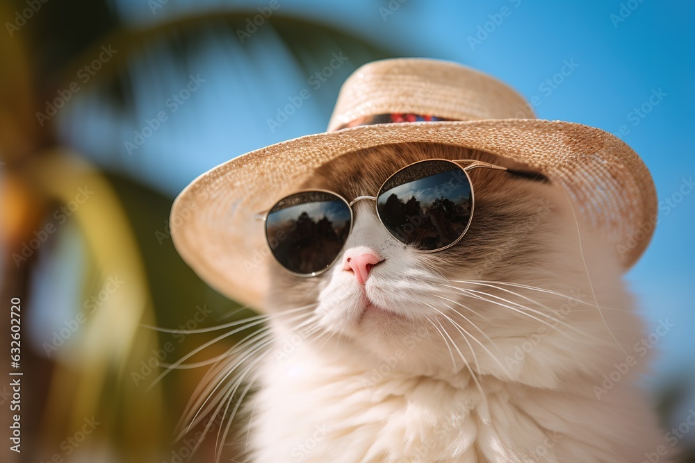 Wall mural cat wearing sunglasses on blurry tropical background