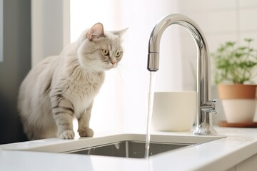 white cat drinking water from a faucet