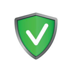 Shields with checkmark symbol. Metallic protection shield safe guard with a checkmark in the middle. Shield green with checkmark flat security isolated safety icon.