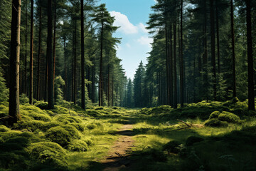 Fototapeta na wymiar breathtaking view of a coniferous forest, with tall evergreen trees and a carpet of pine needles covering the forest floor Generative AI