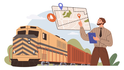 Logistics by train, parcels shipping, loading or unloading vector flat design. Railway transportation and shipment transport, cargo freight logistics. Logistician planning route for delivery by train