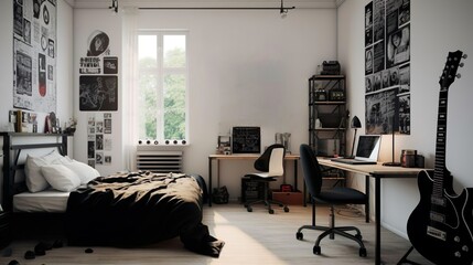 modern and sober teenager's bedroom, music and instrument. Interior decoration. IA generativ