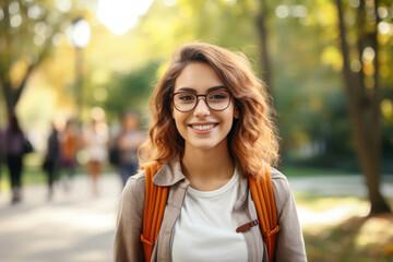 A student girl with a backpack and glasses in the park in autumn - obrazy, fototapety, plakaty