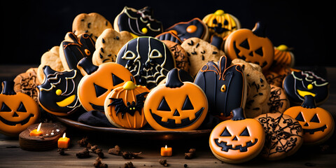 happy Halloween with tasty cookies, sweets, food, orange,halloween on wooden table in  dark background .