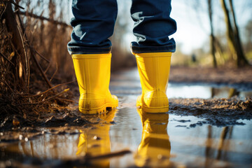 Feet in rubber boots walk through a puddle in rainy weather