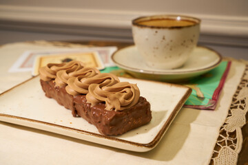 Traditional French deserts in a luxurious coffee shop.