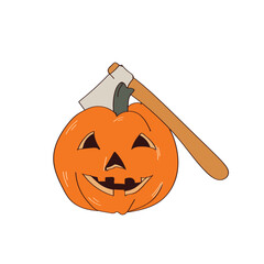 Halloween pumpkin with ax. Vector cartoon design on a white background.