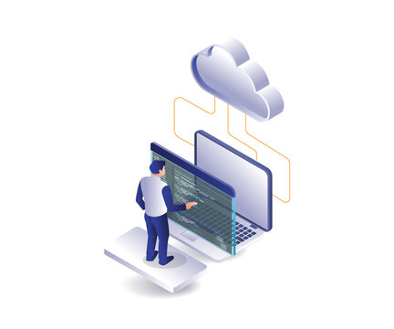 Man analyzing language data of cloud server hosting program