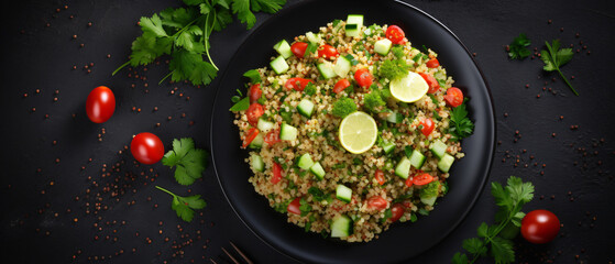 Fototapeta na wymiar Tabbouleh salad with quinoa and cherry tomatoes 