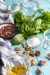 ingredients and jars for pesto sauce