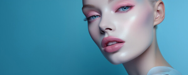 Fototapeta premium Beauty portrait of a young female model. Close-up shot. Blue background.
