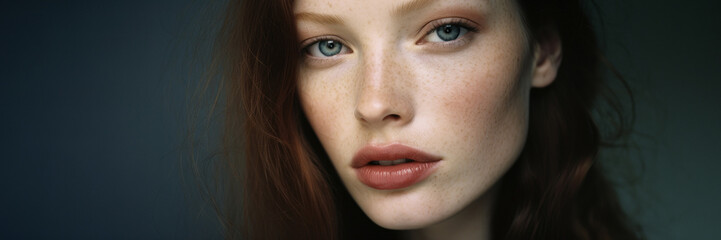 Close-up portrait of a freckled young woman, neutral background
