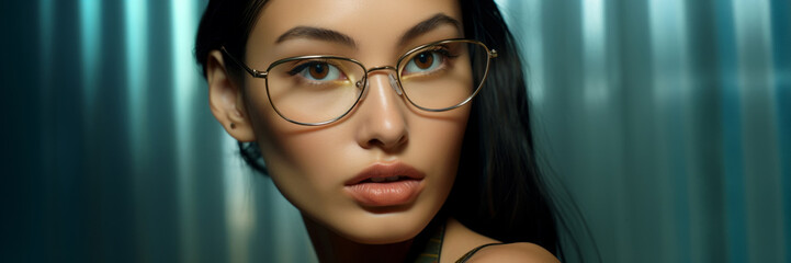 Close-up portrait of a young asian female model wearing glasses