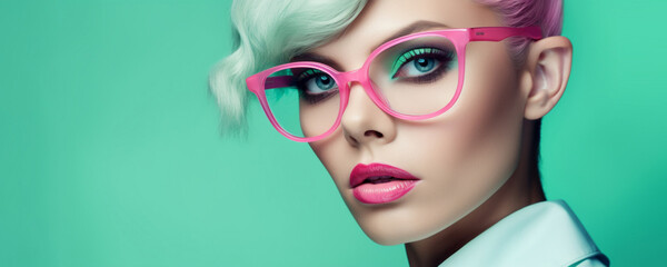 Close-up portrait of a young female model with white hair wearing pink sunglasses