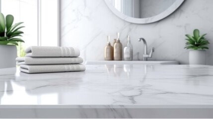 An empty white marble countertop on the white blurred interior of the bathroom. Generated by AI - obrazy, fototapety, plakaty