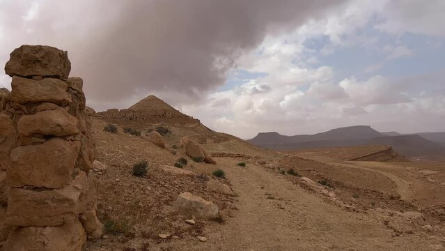 Landscape surrounding Ksar Guermessa troglodyte village in Tunisia on rainy day