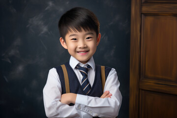 Portrait of a laughing Asian schoolboy on the background of a blackboard