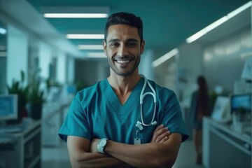 Portrait of a smiling doctor with crossed arms blurred in the hospital. Generated by AI