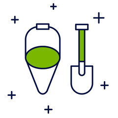 Filled outline Fire shovel and cone bucket icon isolated on white background. Vector