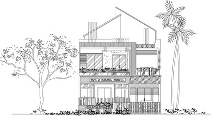Vector sketch of minimalist modern house architecture design illustration