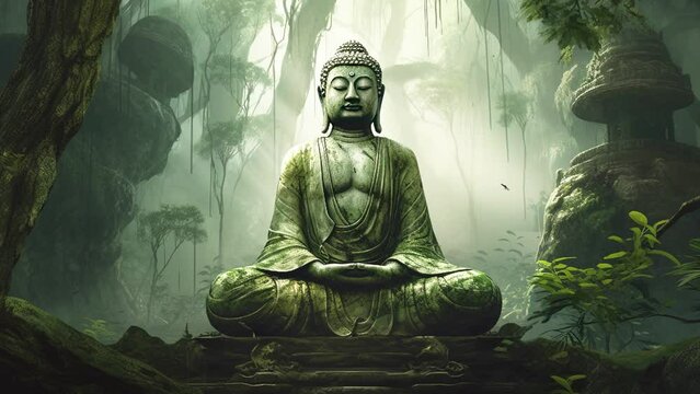 Slow motion hindu ancient religious buddha statue in dense tropical forest jungle.