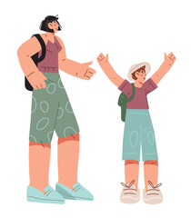 Tourists mother and child traveling on vacation together, flat vector illustration isolated on white background. Family traveling abroad or by plane, train. Travel and tourism, summer vacation topic.