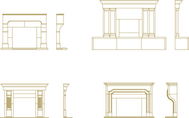 Vector sketch illustration of classic detailed fireplaces design for space heating