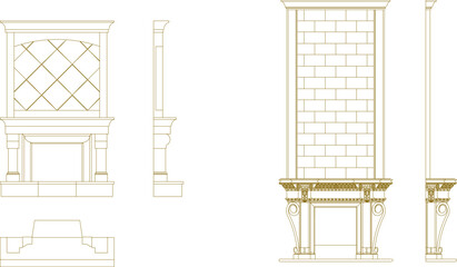 Vector sketch illustration of classic detailed fireplaces design for space heating