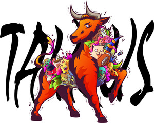 Taurus doodles, zodiac sign mixed with doodles