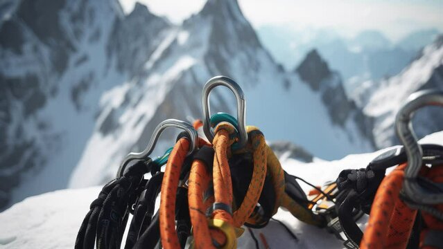 Slow motion of climbing equipment for extreme sport of rock climbing, background of snowy mountain peaks.