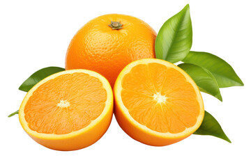 Oranges and green leaves isolated on white transparent background, Ripe citrus fruits, closeup, PNG,